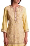 Sue Mue_Yellow Cotton Kurta Split Neck Handloom Embroidered Sharara Set _Online_at_Aza_Fashions