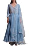 Buy_Sue Mue_Blue Cotton Kurta Leaf Neck Handloom Embroidered Anarkali Set _at_Aza_Fashions