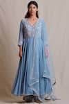 Buy_Sue Mue_Blue Cotton Kurta Leaf Neck Handloom Embroidered Anarkali Set _Online_at_Aza_Fashions