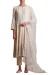 Buy_Sue Mue_Off White Cotton Kurta Round Neck Handloom Embroidered Set _at_Aza_Fashions