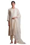 Sue Mue_Off White Cotton Kurta Round Neck Handloom Embroidered Set _Online_at_Aza_Fashions