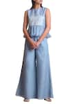 Buy_Sue Mue_Blue Linen Top Resham Thread Round Neck Crop And Pant Set _at_Aza_Fashions