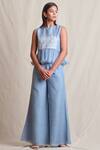 Buy_Sue Mue_Blue Linen Top Resham Thread Round Neck Crop And Pant Set _Online_at_Aza_Fashions