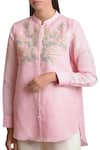 Sue Mue Pink Mandarin Collar Linen Embroidered Shirt Online at Aza Fashions Sue Mue_Pink Mandarin Collar Linen Embroidered Shirt _Online_at_Aza_Fashions