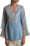 Sue Mue_Blue Organza Resham Thread V Neck Embroidered Short Tunic _Online_at_Aza_Fashions