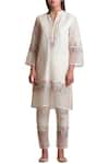 Sue Mue_Off White Linen Split Neck Embroidered Kurta Set _Online_at_Aza_Fashions