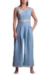 Buy_Sue Mue_Blue Linen Boat Embroidered Jumpsuit _at_Aza_Fashions