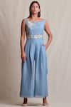 Buy_Sue Mue_Blue Linen Boat Embroidered Jumpsuit _Online_at_Aza_Fashions