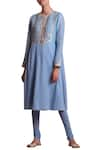 Buy_Sue Mue_Blue Linen Round Embroidered Kurta Set _at_Aza_Fashions