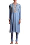 Sue Mue_Blue Linen Round Embroidered Kurta Set _Online_at_Aza_Fashions