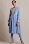 Buy_Sue Mue_Blue Linen Round Embroidered Kurta Set _Online_at_Aza_Fashions