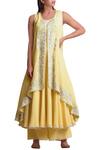 Sue Mue Yellow Cotton And Jute Round Embroidered Layered Kurta Palazzo Set Online at Aza Fashions Sue Mue_Yellow Cotton And Jute Round Embroidered Layered Kurta Palazzo Set _Online_at_Aza_Fashions