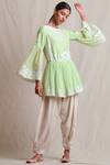 Buy_Sue Mue_Green Cotton Round Embroidered Peplum Kurta _Online_at_Aza_Fashions