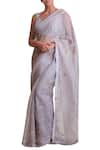 Buy_Sue Mue_Grey Silk Organza Leaf Neck Embroidered Saree With Blouse _at_Aza_Fashions