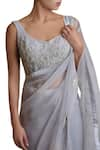 Sue Mue_Grey Silk Organza Leaf Neck Embroidered Saree With Blouse _Online_at_Aza_Fashions