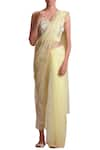 Buy_Sue Mue_Yellow Silk Organza Blouse Scallop V-neckline Embroidered Saree With _at_Aza_Fashions