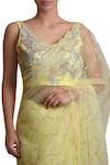 Sue Mue_Yellow Silk Organza Blouse Scallop V-neckline Embroidered Saree With _Online_at_Aza_Fashions