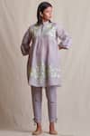 Buy Sue Mue Grey Linen Mandarin Collar Embroidered Tunic With Pant at Aza Fashions Buy_Sue Mue_Grey Linen Mandarin Collar Embroidered Tunic With Pant _at_Aza_Fashions