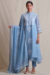 Buy_Sue Mue_Blue Handloom Cotton Mandarin Collar Embroidered Kurta Set _at_Aza_Fashions