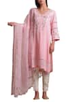 Buy_Sue Mue_Pink Jute V Neck Handloom Embroidered Kurta Set _at_Aza_Fashions