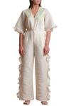 Buy_Sue Mue_White Linen V Neck Embroidered Jumpsuit _at_Aza_Fashions