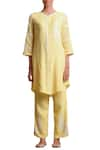 Buy_Sue Mue_Yellow Handloom Cotton Round Embroidered Kurta Set _at_Aza_Fashions