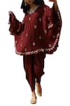 Buy_Bohame_Wine Cotton Silk Round Embellished Kaftan And Dhoti Pant Set_Online_at_Aza_Fashions