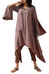 Bohame_Purple Cotton Silk V Neck Embroidered Kurta Set _Online_at_Aza_Fashions