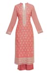 Buy_Aiman_Coral Silk Chanderi Mandarin Collar Embroidered Kurta Set  _Online_at_Aza_Fashions