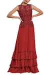 Buy_Sana Barreja_Maroon Net, Georgette Round Embroidered Blouse And Sharara Set  _at_Aza_Fashions