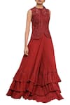 Shop_Sana Barreja_Maroon Net, Georgette Round Embroidered Blouse And Sharara Set  _at_Aza_Fashions