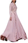 Shop_Sana Barreja_Pink Net, Georgette V Neck Embroidered Anarkali Set _at_Aza_Fashions