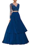 Buy_Sana Barreja_Blue V Neck Embroidered Blouse Lehenga Set _Online_at_Aza_Fashions