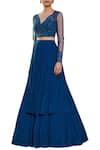 Shop_Sana Barreja_Blue V Neck Embroidered Blouse Lehenga Set _at_Aza_Fashions
