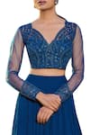 Sana Barreja_Blue V Neck Embroidered Blouse Lehenga Set _Online_at_Aza_Fashions
