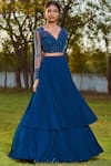 Buy_Sana Barreja_Blue V Neck Embroidered Blouse Lehenga Set _at_Aza_Fashions