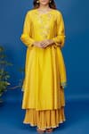 Buy_Anju Modi_Yellow Banarasi Chanderi Kurta Skirt Set_at_Aza_Fashions