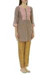 Aalyxir_Brown Woven Chanderi Round Neck Checkered Tunic_Online_at_Aza_Fashions