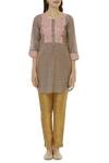 Shop_Aalyxir_Brown Woven Chanderi Round Neck Checkered Tunic_Online_at_Aza_Fashions
