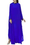 Buy_Huemn_Blue Silk Crepe Round Band Neck Kaftan Gown  _at_Aza_Fashions