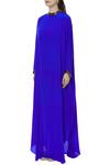 Shop_Huemn_Blue Silk Crepe Round Band Neck Kaftan Gown  _Online_at_Aza_Fashions