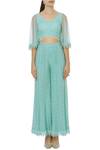 Buy Vandana Sethi Blue Net Chikankari Crop Top Palazzo Set Online at Aza Fashions Buy_Vandana Sethi_Blue Net Chikankari Crop Top Palazzo Set_Online_at_Aza_Fashions