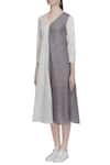 Shop_Urvashi Kaur_Grey Silk Linen V Neck And Midi Dress _Online_at_Aza_Fashions