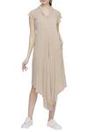 Buy_Urvashi Kaur_Beige Viscose Cotton Thread Work V Neck Asymmetric Midi Dress  _at_Aza_Fashions