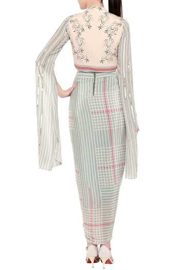 Shop_Soup By Sougat Paul_Beige Printed Draped Dress With Jacket _at_Aza_Fashions