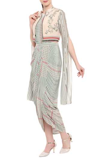 Soup By Sougat Paul_Beige Printed Draped Dress With Jacket _Online_at_Aza_Fashions