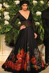 Rohit Bal_Black Chanderi Floral Print Deep V Neck Gown_Online_at_Aza_Fashions