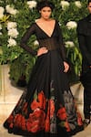 Shop_Rohit Bal_Black Chanderi Floral Print Deep V Neck Gown_at_Aza_Fashions