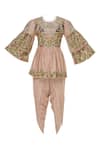 Buy_Sonali Gupta_Peach Blended Silk Round Embroidered Peplum Tunic And Dhoti Pant Set  _Online_at_Aza_Fashions