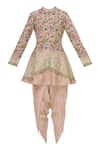 Buy_Sonali Gupta_Peach Blended Silk Mandarin Embroidered Peplum Tunic And Dhoti Pant Set  _Online_at_Aza_Fashions